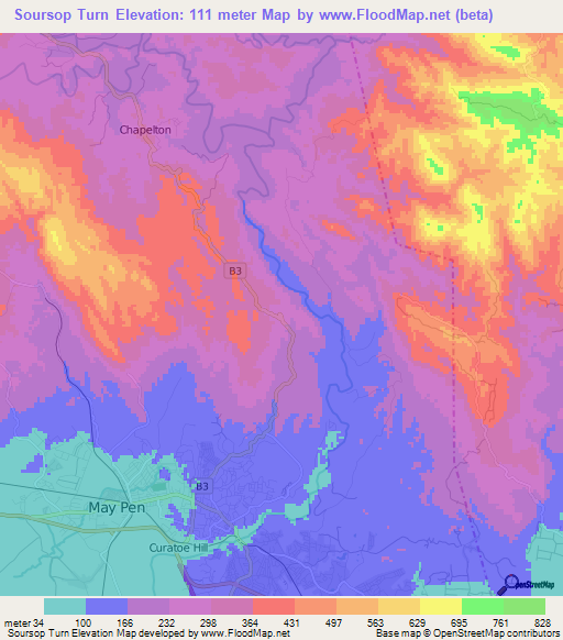 Soursop Turn,Jamaica Elevation Map