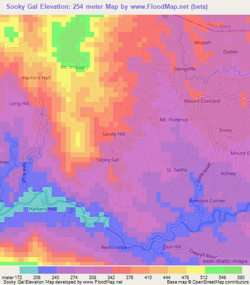 Sooky Gal,Jamaica Elevation Map