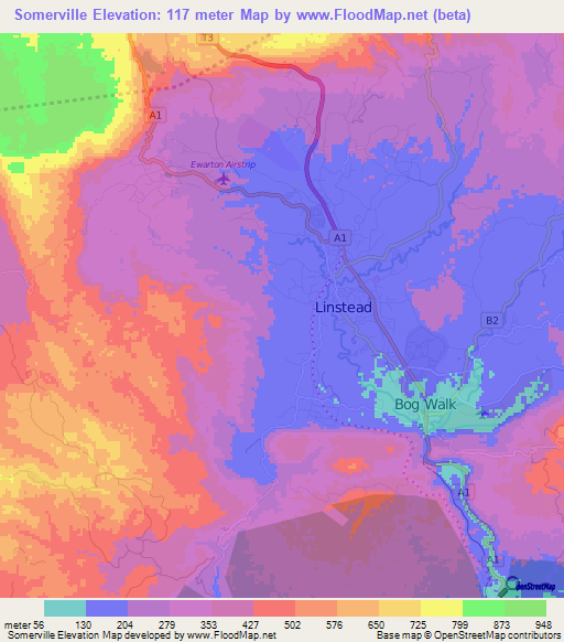 Somerville,Jamaica Elevation Map