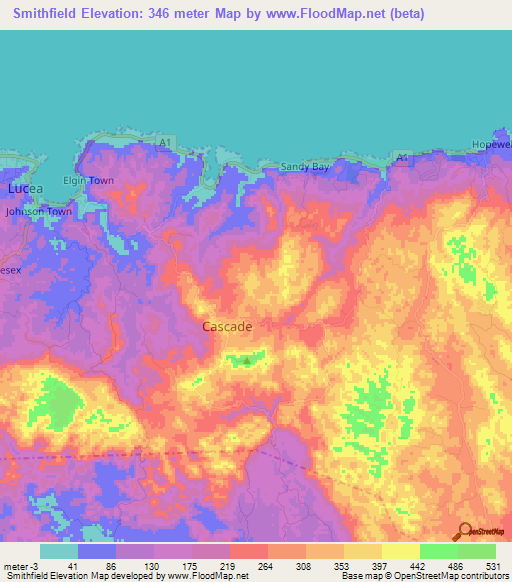 Smithfield,Jamaica Elevation Map