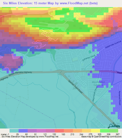 Six Miles,Jamaica Elevation Map