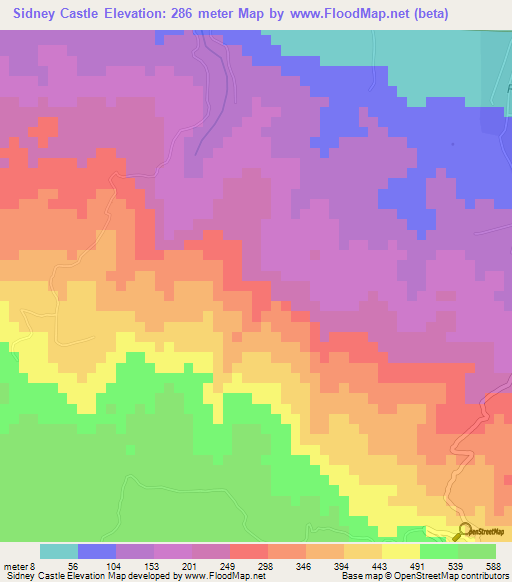 Sidney Castle,Jamaica Elevation Map