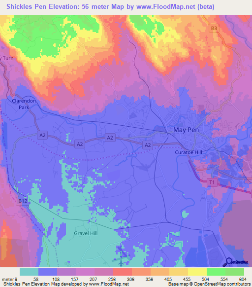 Shickles Pen,Jamaica Elevation Map