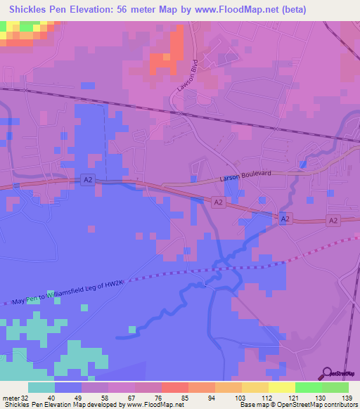 Shickles Pen,Jamaica Elevation Map