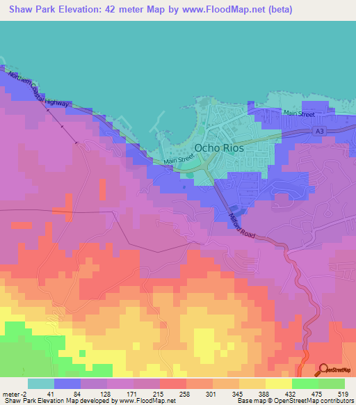 Shaw Park,Jamaica Elevation Map