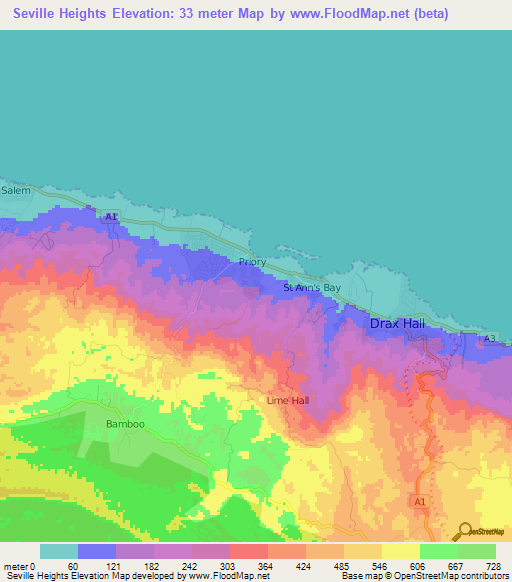 Seville Heights,Jamaica Elevation Map