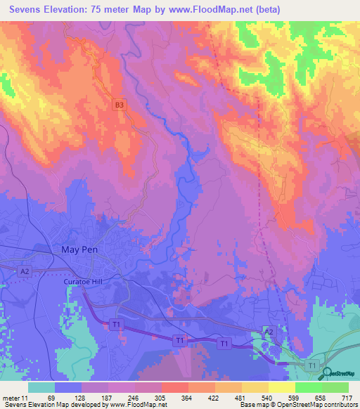 Sevens,Jamaica Elevation Map
