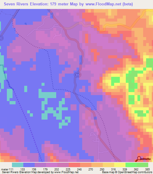 Seven Rivers,Jamaica Elevation Map