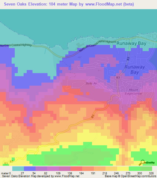 Seven Oaks,Jamaica Elevation Map