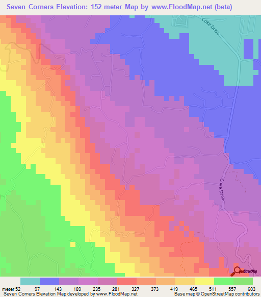 Seven Corners,Jamaica Elevation Map