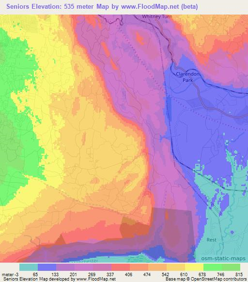 Seniors,Jamaica Elevation Map