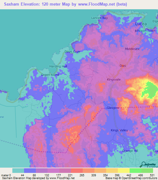 Saxham,Jamaica Elevation Map