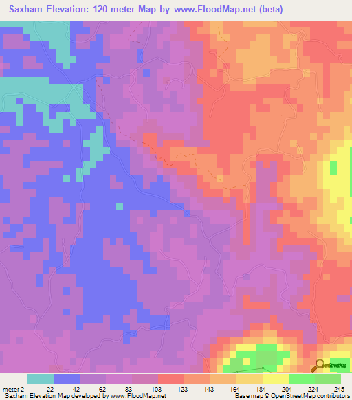 Saxham,Jamaica Elevation Map