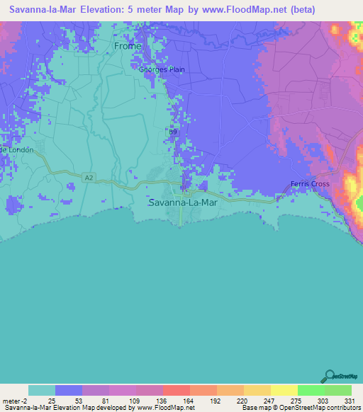 Savanna-la-Mar,Jamaica Elevation Map