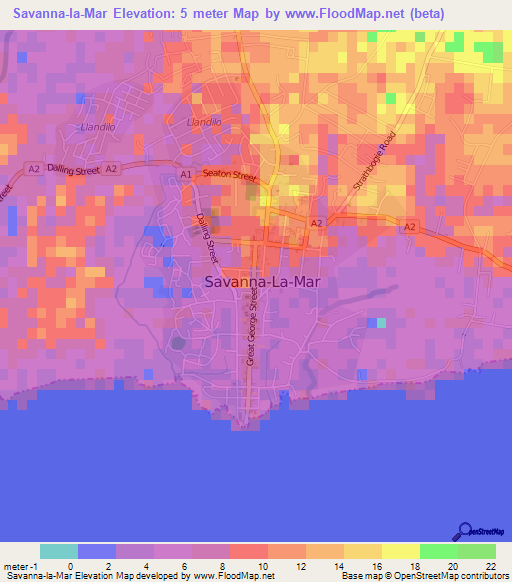 Savanna-la-Mar,Jamaica Elevation Map