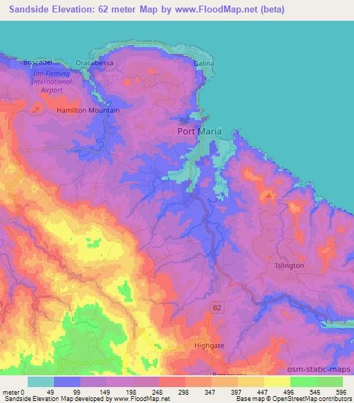 Sandside,Jamaica Elevation Map