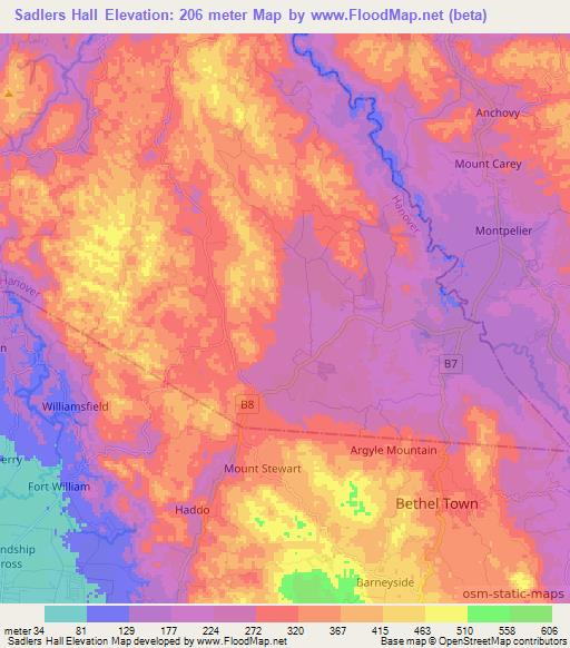 Sadlers Hall,Jamaica Elevation Map
