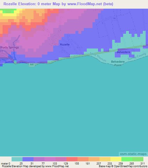 Rozelle,Jamaica Elevation Map
