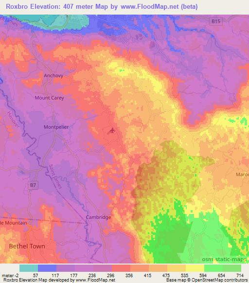 Roxbro,Jamaica Elevation Map