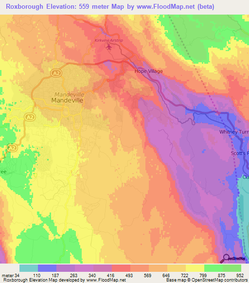 Roxborough,Jamaica Elevation Map