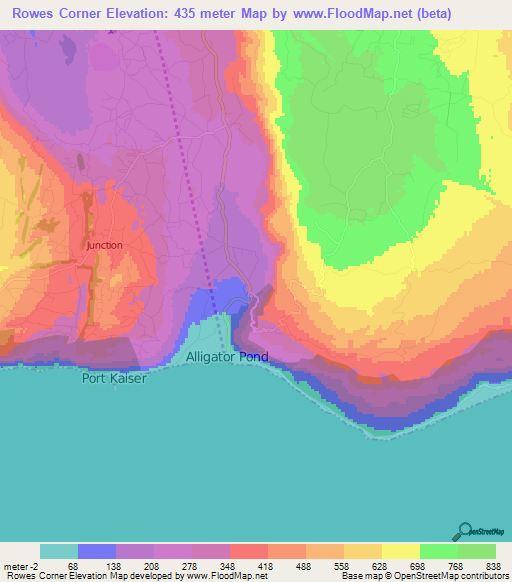 Rowes Corner,Jamaica Elevation Map