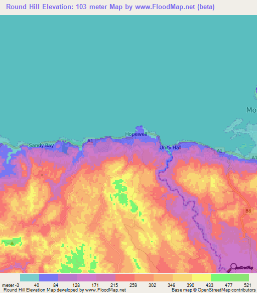 Round Hill,Jamaica Elevation Map