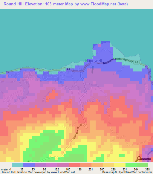 Round Hill,Jamaica Elevation Map