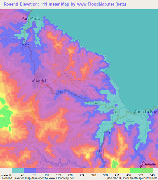 Rosend,Jamaica Elevation Map