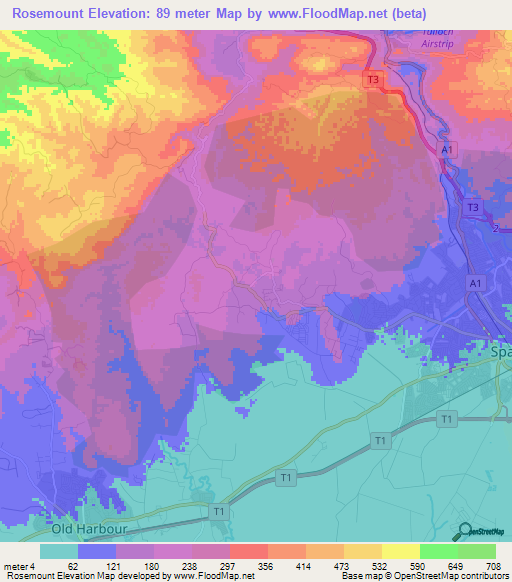 Rosemount,Jamaica Elevation Map