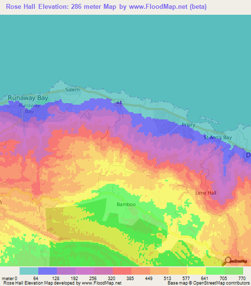 Rose Hall,Jamaica Elevation Map