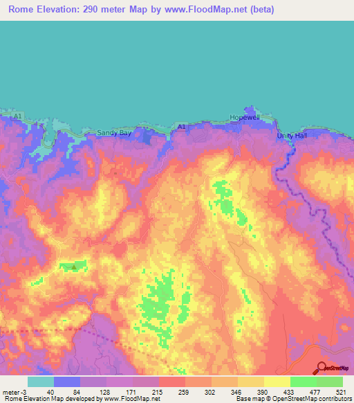 Rome,Jamaica Elevation Map