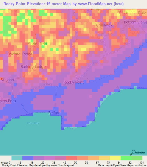Rocky Point,Jamaica Elevation Map