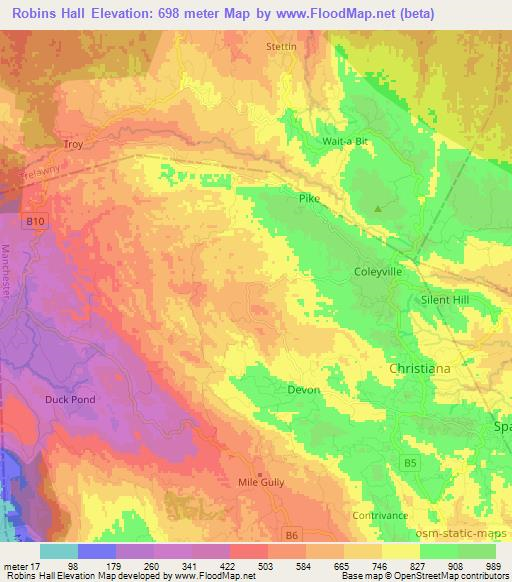 Robins Hall,Jamaica Elevation Map
