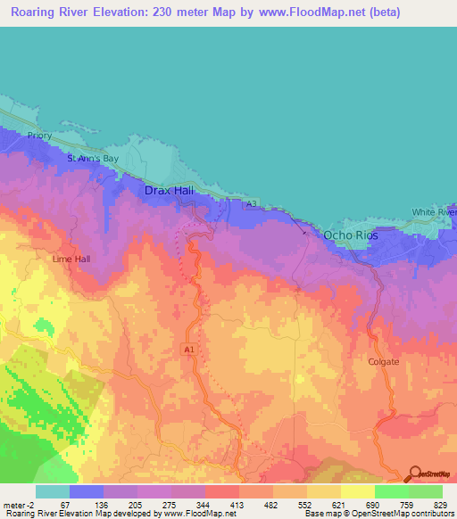 Roaring River,Jamaica Elevation Map
