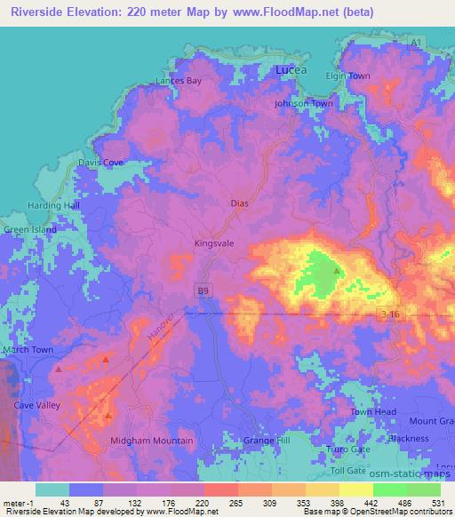 Riverside,Jamaica Elevation Map