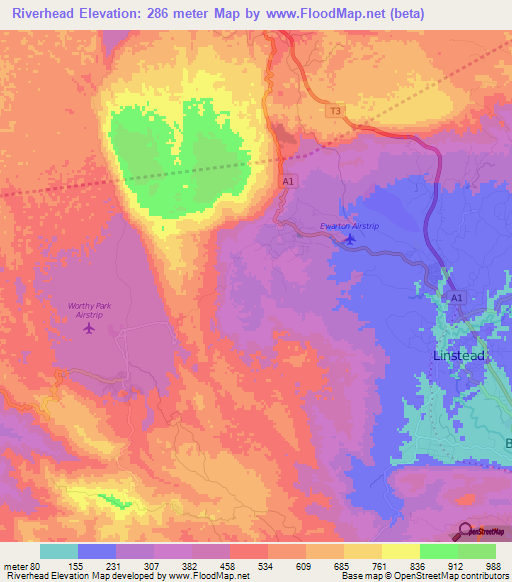 Riverhead,Jamaica Elevation Map