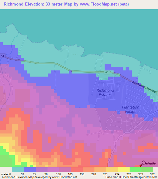 Richmond,Jamaica Elevation Map