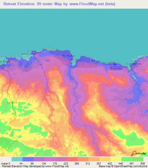 Retreat,Jamaica Elevation Map