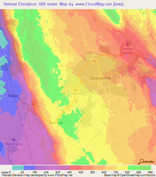 Retreat,Jamaica Elevation Map