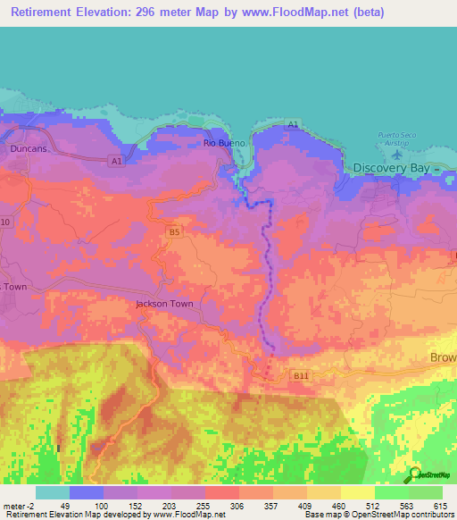 Retirement,Jamaica Elevation Map