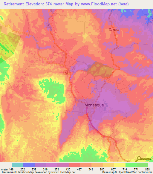 Retirement,Jamaica Elevation Map