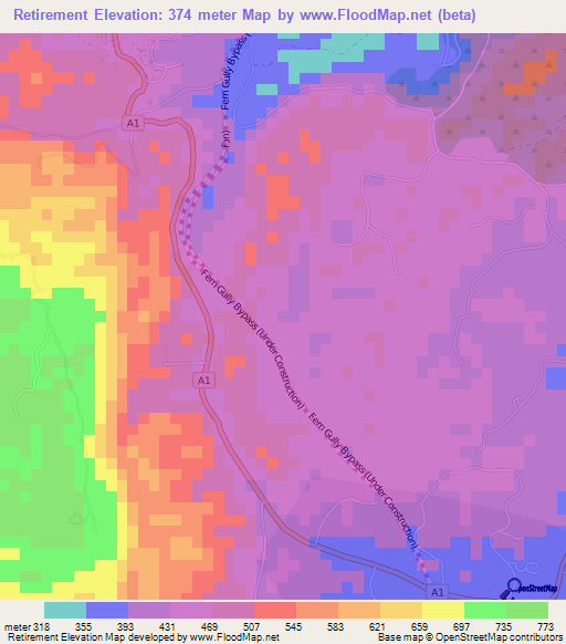 Retirement,Jamaica Elevation Map