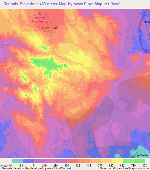 Rennals,Jamaica Elevation Map