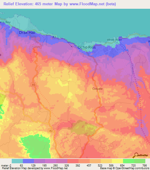 Relief,Jamaica Elevation Map
