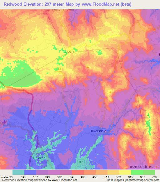 Redwood,Jamaica Elevation Map