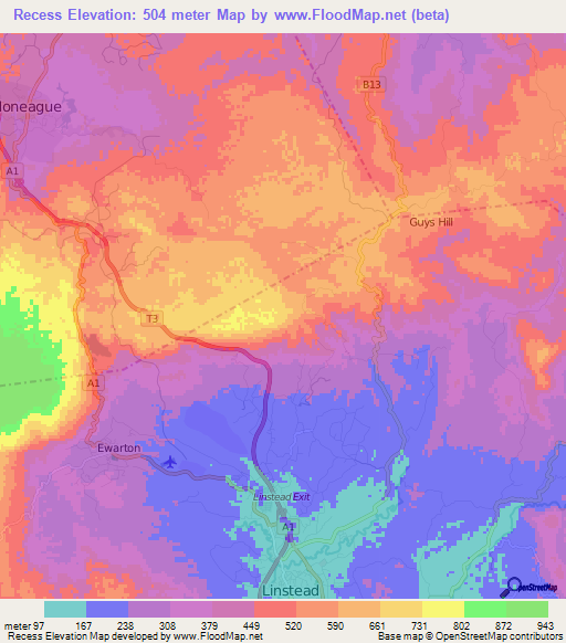 Recess,Jamaica Elevation Map