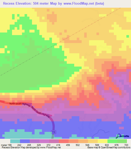 Recess,Jamaica Elevation Map