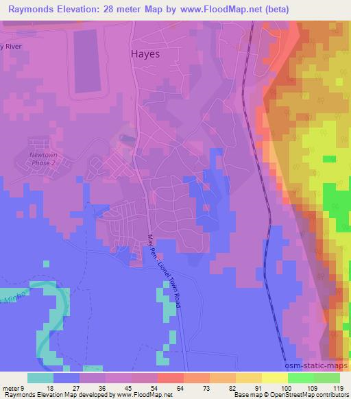 Raymonds,Jamaica Elevation Map