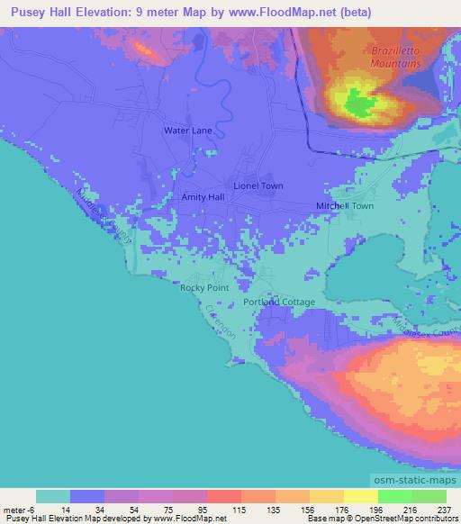Pusey Hall,Jamaica Elevation Map