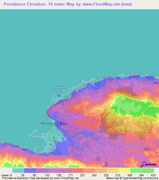 Providence,Jamaica Elevation Map